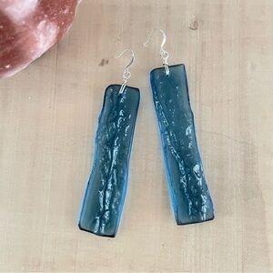 Handmade Textured Blue Glass Statement Earrings 4” Contemporary Bold Oversize